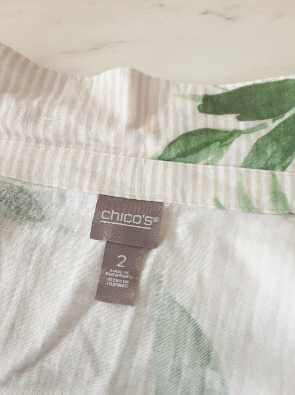 CHICO'S 100% Cotton Tropical Print Striped Button-Down 3 Qtr Sleeve Shirt Sz 2 - Picture 7 of 7
